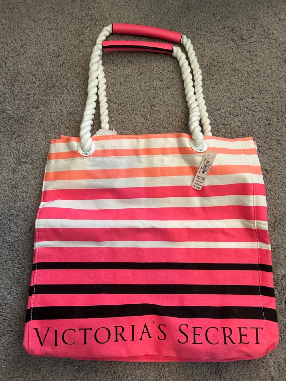 NWT $78 Victoria's Secret Pink and White Striped Canvas Tote - Picture 4 of 10